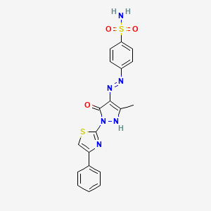 molecular formula C19H16N6O3S2 B11694349 4-{(2E)-2-[3-methyl-5-oxo-1-(4-phenyl-1,3-thiazol-2-yl)-1,5-dihydro-4H-pyrazol-4-ylidene]hydrazinyl}benzenesulfonamide 