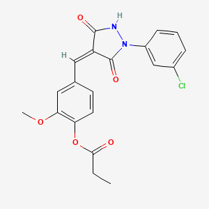 molecular formula C20H17ClN2O5 B11694426 4-{(Z)-[1-(3-chlorophenyl)-3,5-dioxopyrazolidin-4-ylidene]methyl}-2-methoxyphenyl propanoate 