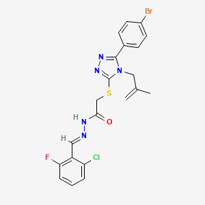 molecular formula C21H18BrClFN5OS B11694441 2-{[5-(4-bromophenyl)-4-(2-methyl-2-propenyl)-4H-1,2,4-triazol-3-yl]sulfanyl}-N'-[(E)-(2-chloro-6-fluorophenyl)methylidene]acetohydrazide 