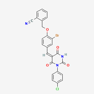 molecular formula C25H15BrClN3O4 B11694716 2-[(2-bromo-4-{(E)-[1-(4-chlorophenyl)-2,4,6-trioxotetrahydropyrimidin-5(2H)-ylidene]methyl}phenoxy)methyl]benzonitrile 