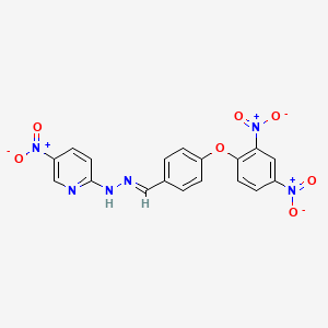 molecular formula C18H12N6O7 B11694752 2-{(2E)-2-[4-(2,4-dinitrophenoxy)benzylidene]hydrazinyl}-5-nitropyridine 