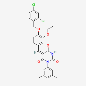 molecular formula C28H24Cl2N2O5 B11694979 (5E)-5-({4-[(2,4-Dichlorophenyl)methoxy]-3-ethoxyphenyl}methylidene)-1-(3,5-dimethylphenyl)-1,3-diazinane-2,4,6-trione 