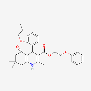 molecular formula C30H35NO5 B11695297 2-Phenoxyethyl 2,7,7-trimethyl-5-oxo-4-(2-propoxyphenyl)-1,4,5,6,7,8-hexahydroquinoline-3-carboxylate 