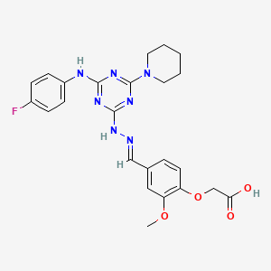 {4-[(E)-(2-{4-[(4-fluorophenyl)amino]-6-(piperidin-1-yl)-1,3,5-triazin-2-yl}hydrazinylidene)methyl]-2-methoxyphenoxy}acetic acid