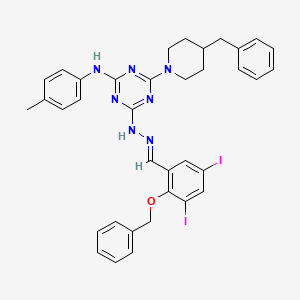 molecular formula C36H35I2N7O B11695666 4-{(2E)-2-[2-(benzyloxy)-3,5-diiodobenzylidene]hydrazinyl}-6-(4-benzylpiperidin-1-yl)-N-(4-methylphenyl)-1,3,5-triazin-2-amine 