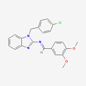 molecular formula C23H20ClN3O2 B11695809 N-[1-[(4-chlorophenyl)methyl]benzimidazol-2-yl]-1-(3,4-dimethoxyphenyl)methanimine 