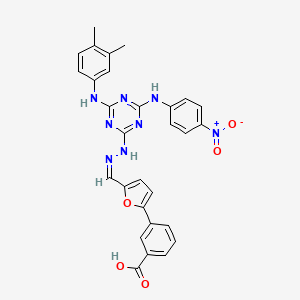 molecular formula C29H24N8O5 B11695852 3-{5-[(Z)-(2-{4-[(3,4-dimethylphenyl)amino]-6-[(4-nitrophenyl)amino]-1,3,5-triazin-2-yl}hydrazinylidene)methyl]furan-2-yl}benzoic acid 