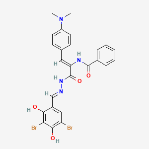 molecular formula C25H22Br2N4O4 B11695987 N-{(1Z)-3-[(2E)-2-(3,5-dibromo-2,4-dihydroxybenzylidene)hydrazinyl]-1-[4-(dimethylamino)phenyl]-3-oxoprop-1-en-2-yl}benzamide 