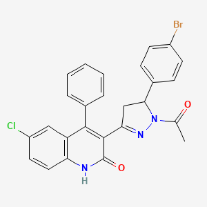 molecular formula C26H19BrClN3O2 B11696052 1-[5-(4-bromophenyl)-3-(6-chloro-2-hydroxy-4-phenylquinolin-3-yl)-4,5-dihydro-1H-pyrazol-1-yl]ethanone 