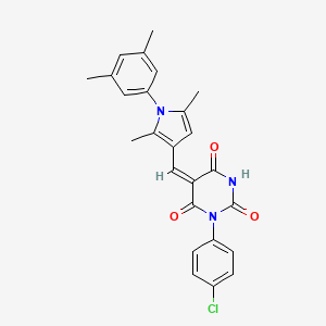 molecular formula C25H22ClN3O3 B11696359 (5E)-3-(4-chlorophenyl)-5-{[1-(3,5-dimethylphenyl)-2,5-dimethyl-1H-pyrrol-3-yl]methylidene}-6-hydroxypyrimidine-2,4(3H,5H)-dione 