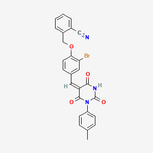 molecular formula C26H18BrN3O4 B11696671 2-[(2-bromo-4-{(E)-[1-(4-methylphenyl)-2,4,6-trioxotetrahydropyrimidin-5(2H)-ylidene]methyl}phenoxy)methyl]benzonitrile 