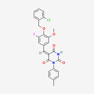 molecular formula C26H20ClIN2O5 B11697103 (5E)-5-{4-[(2-chlorobenzyl)oxy]-3-iodo-5-methoxybenzylidene}-1-(4-methylphenyl)pyrimidine-2,4,6(1H,3H,5H)-trione 