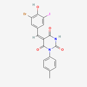 molecular formula C18H12BrIN2O4 B11697171 (5E)-5-(3-bromo-4-hydroxy-5-iodobenzylidene)-1-(4-methylphenyl)pyrimidine-2,4,6(1H,3H,5H)-trione 