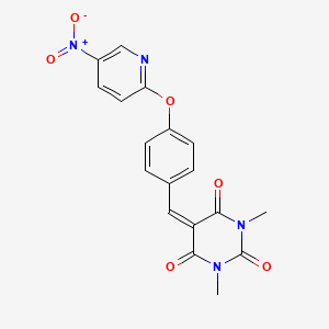 molecular formula C18H14N4O6 B11697398 1,3-dimethyl-5-{4-[(5-nitropyridin-2-yl)oxy]benzylidene}pyrimidine-2,4,6(1H,3H,5H)-trione 