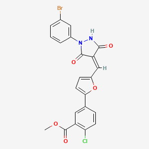 molecular formula C22H14BrClN2O5 B11697470 methyl 5-(5-{[(4Z)-1-(3-bromophenyl)-3,5-dioxopyrazolidin-4-ylidene]methyl}furan-2-yl)-2-chlorobenzoate 