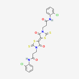 molecular formula C24H18Cl2N4O4S4 B11697595 N-(2-Chlorophenyl)-3-{5-[(5E)-3-{2-[(2-chlorophenyl)carbamoyl]ethyl}-4-oxo-2-sulfanylidene-1,3-thiazolidin-5-ylidene]-4-oxo-2-sulfanylidene-1,3-thiazolidin-3-YL}propanamide 