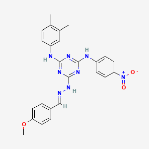 molecular formula C25H24N8O3 B11697729 N-(3,4-dimethylphenyl)-6-[(2E)-2-(4-methoxybenzylidene)hydrazinyl]-N'-(4-nitrophenyl)-1,3,5-triazine-2,4-diamine 