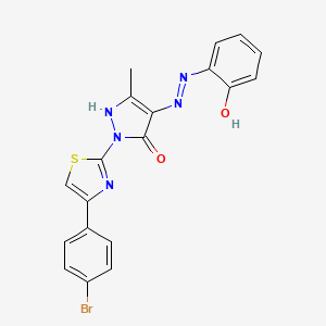 molecular formula C19H14BrN5O2S B11697755 (4Z)-2-[4-(4-bromophenyl)-1,3-thiazol-2-yl]-4-[2-(2-hydroxyphenyl)hydrazinylidene]-5-methyl-2,4-dihydro-3H-pyrazol-3-one 