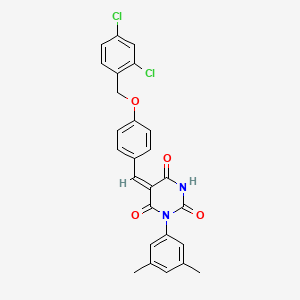 molecular formula C26H20Cl2N2O4 B11697879 (5E)-5-({4-[(2,4-Dichlorophenyl)methoxy]phenyl}methylidene)-1-(3,5-dimethylphenyl)-1,3-diazinane-2,4,6-trione 