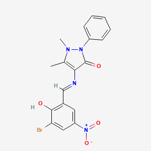 molecular formula C18H15BrN4O4 B11698176 4-{[(E)-(3-bromo-2-hydroxy-5-nitrophenyl)methylidene]amino}-1,5-dimethyl-2-phenyl-1,2-dihydro-3H-pyrazol-3-one 