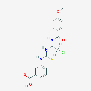 molecular formula C18H16Cl3N3O4S B11698257 3-{[(2,2,2-Trichloro-1-{[(4-methoxyphenyl)carbonyl]amino}ethyl)carbamothioyl]amino}benzoic acid 