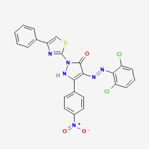 molecular formula C24H14Cl2N6O3S B11698480 (4Z)-4-[2-(2,6-dichlorophenyl)hydrazinylidene]-5-(4-nitrophenyl)-2-(4-phenyl-1,3-thiazol-2-yl)-2,4-dihydro-3H-pyrazol-3-one 