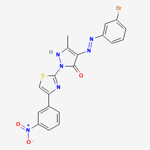 molecular formula C19H13BrN6O3S B11698543 (4E)-4-[2-(3-bromophenyl)hydrazinylidene]-5-methyl-2-[4-(3-nitrophenyl)-1,3-thiazol-2-yl]-2,4-dihydro-3H-pyrazol-3-one 