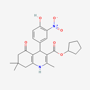 molecular formula C24H28N2O6 B11698581 Cyclopentyl 4-(4-hydroxy-3-nitrophenyl)-2,7,7-trimethyl-5-oxo-1,4,5,6,7,8-hexahydroquinoline-3-carboxylate 