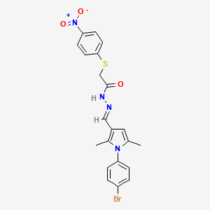 molecular formula C21H19BrN4O3S B11698590 N'-{(E)-[1-(4-bromophenyl)-2,5-dimethyl-1H-pyrrol-3-yl]methylidene}-2-[(4-nitrophenyl)sulfanyl]acetohydrazide 