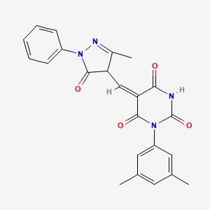 molecular formula C23H20N4O4 B11698938 1-(3,5-Dimethyl-phenyl)-5-(3-methyl-5-oxo-1-phenyl-4,5-dihydro-1H-pyrazol-4-ylmethylene)-pyrimidine-2,4,6-trione 