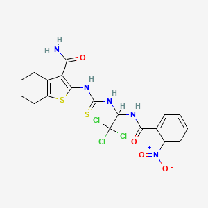 molecular formula C19H18Cl3N5O4S2 B11699006 2-{[(2,2,2-Trichloro-1-{[(2-nitrophenyl)carbonyl]amino}ethyl)carbamothioyl]amino}-4,5,6,7-tetrahydro-1-benzothiophene-3-carboxamide 