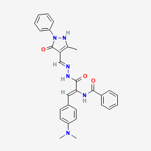 molecular formula C29H28N6O3 B11699067 N-[(1Z)-1-[4-(dimethylamino)phenyl]-3-{(2E)-2-[(5-hydroxy-3-methyl-1-phenyl-1H-pyrazol-4-yl)methylidene]hydrazinyl}-3-oxoprop-1-en-2-yl]benzamide 