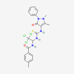 molecular formula C22H22Cl3N5O2S B11700029 4-Methyl-N-[2,2,2-trichloro-1-({[(1,5-dimethyl-3-oxo-2-phenyl-2,3-dihydro-1H-pyrazol-4-YL)amino]carbothioyl}amino)ethyl]benzamide 