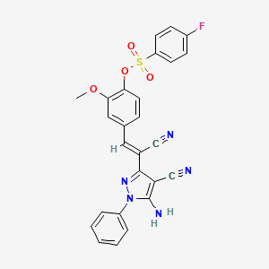 molecular formula C26H18FN5O4S B11700079 4-[(Z)-2-(5-amino-4-cyano-1-phenyl-1H-pyrazol-3-yl)-2-cyanoethenyl]-2-methoxyphenyl 4-fluorobenzenesulfonate 