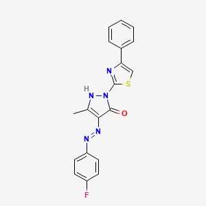 molecular formula C19H14FN5OS B11700414 (4Z)-4-[2-(4-fluorophenyl)hydrazinylidene]-5-methyl-2-(4-phenyl-1,3-thiazol-2-yl)-2,4-dihydro-3H-pyrazol-3-one 