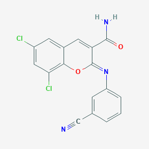 (2Z)-6,8-dichloro-2-[(3-cyanophenyl)imino]-2H-chromene-3-carboxamide