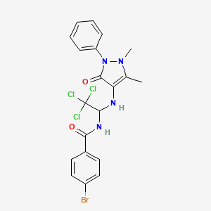 molecular formula C20H18BrCl3N4O2 B11701842 4-bromo-N-{2,2,2-trichloro-1-[(1,5-dimethyl-3-oxo-2-phenyl-2,3-dihydro-1H-pyrazol-4-yl)amino]ethyl}benzamide 