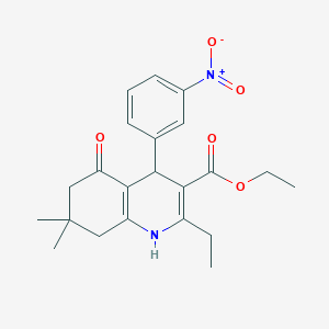 molecular formula C22H26N2O5 B11702301 Ethyl 2-ethyl-7,7-dimethyl-4-(3-nitrophenyl)-5-oxo-1,4,5,6,7,8-hexahydroquinoline-3-carboxylate 