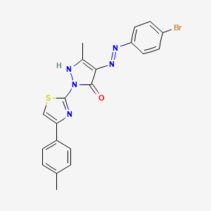 molecular formula C20H16BrN5OS B11702628 (4E)-4-[2-(4-bromophenyl)hydrazinylidene]-5-methyl-2-[4-(4-methylphenyl)-1,3-thiazol-2-yl]-2,4-dihydro-3H-pyrazol-3-one 