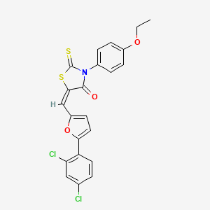 molecular formula C22H15Cl2NO3S2 B11702758 (5E)-5-{[5-(2,4-Dichlorophenyl)furan-2-YL]methylidene}-3-(4-ethoxyphenyl)-2-sulfanylidene-1,3-thiazolidin-4-one 