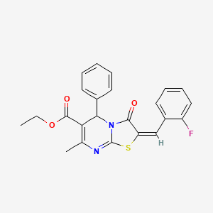 molecular formula C23H19FN2O3S B11703349 ethyl (2E)-2-(2-fluorobenzylidene)-7-methyl-3-oxo-5-phenyl-2,3-dihydro-5H-[1,3]thiazolo[3,2-a]pyrimidine-6-carboxylate 