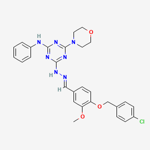 molecular formula C28H28ClN7O3 B11703452 4-[(2E)-2-{4-[(4-chlorobenzyl)oxy]-3-methoxybenzylidene}hydrazinyl]-6-(morpholin-4-yl)-N-phenyl-1,3,5-triazin-2-amine 