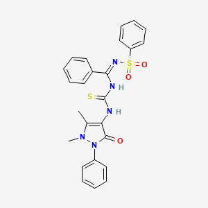 molecular formula C25H23N5O3S2 B11703493 N-[({[(1,5-dimethyl-3-oxo-2-phenyl-2,3-dihydro-1H-pyrazol-4-yl)amino]carbothioyl}amino)(phenyl)methylene]benzenesulfonamide 