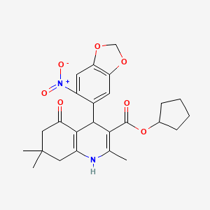 molecular formula C25H28N2O7 B11703547 Cyclopentyl 2,7,7-trimethyl-4-(6-nitro-1,3-benzodioxol-5-yl)-5-oxo-1,4,5,6,7,8-hexahydroquinoline-3-carboxylate 