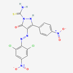 molecular formula C16H9Cl2N7O5S B11703564 (4E)-4-[2-(2,6-dichloro-4-nitrophenyl)hydrazinylidene]-3-(4-nitrophenyl)-5-oxo-4,5-dihydro-1H-pyrazole-1-carbothioamide 