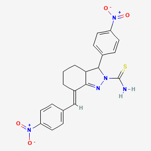 molecular formula C21H19N5O4S B11703716 (7E)-7-(4-nitrobenzylidene)-3-(4-nitrophenyl)-3,3a,4,5,6,7-hexahydro-2H-indazole-2-carbothioamide 