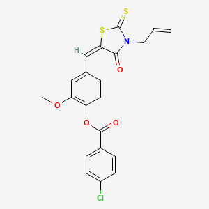 molecular formula C21H16ClNO4S2 B11703743 2-methoxy-4-{(E)-[4-oxo-3-(prop-2-en-1-yl)-2-thioxo-1,3-thiazolidin-5-ylidene]methyl}phenyl 4-chlorobenzoate 