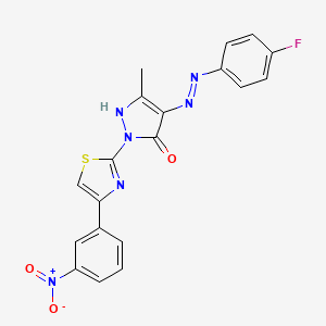 molecular formula C19H13FN6O3S B11703974 (4Z)-4-[2-(4-fluorophenyl)hydrazinylidene]-5-methyl-2-[4-(3-nitrophenyl)-1,3-thiazol-2-yl]-2,4-dihydro-3H-pyrazol-3-one 