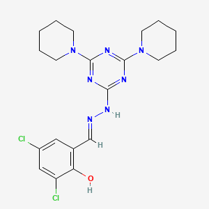 molecular formula C20H25Cl2N7O B11704051 2,4-dichloro-6-[(E)-{2-[4,6-di(piperidin-1-yl)-1,3,5-triazin-2-yl]hydrazinylidene}methyl]phenol 