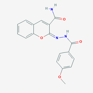 (2E)-2-{2-[(4-methoxyphenyl)carbonyl]hydrazinylidene}-2H-chromene-3-carboxamide